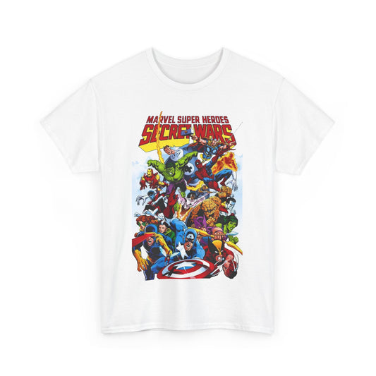 Secret Wars T-Shirt - Spider-man, Wolverine, Iron Man, Captain America, Cyclops, Rogue, Hulk, Mr Fantastic, The Thing - Classic Marvel Comics 1980s Series - The Beyonder