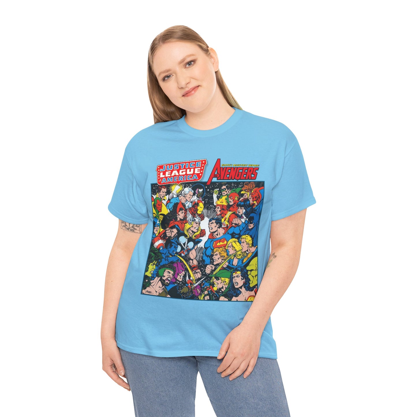 Justice League/Avengers T-Shirt - DC & Marvel Comics Art - George Perez - JLA - Batman, Captain America, Iron Man, Green Lantern