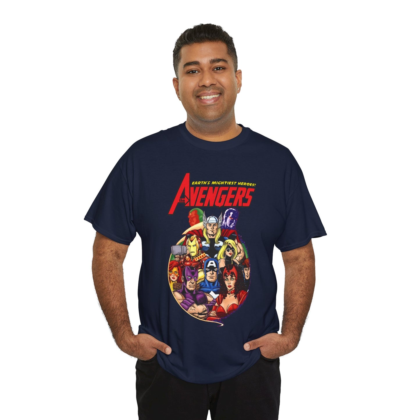 Avengers T-Shirt - George Perez Art - Captain America, Vision, Wonder Man, Iron Man, Thor, Hawkeye, Scarlet Witch - Popular Marvel Comics Characters