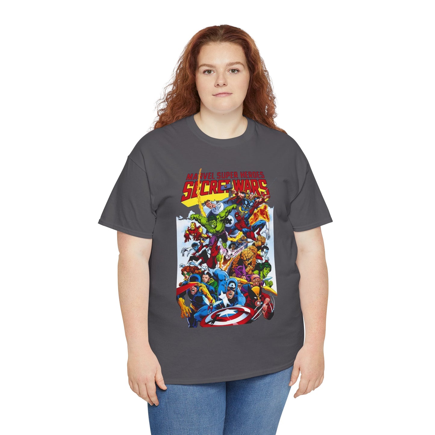 Secret Wars T-Shirt - Spider-man, Wolverine, Iron Man, Captain America, Cyclops, Rogue, Hulk, Mr Fantastic, The Thing - Classic Marvel Comics 1980s Series - The Beyonder