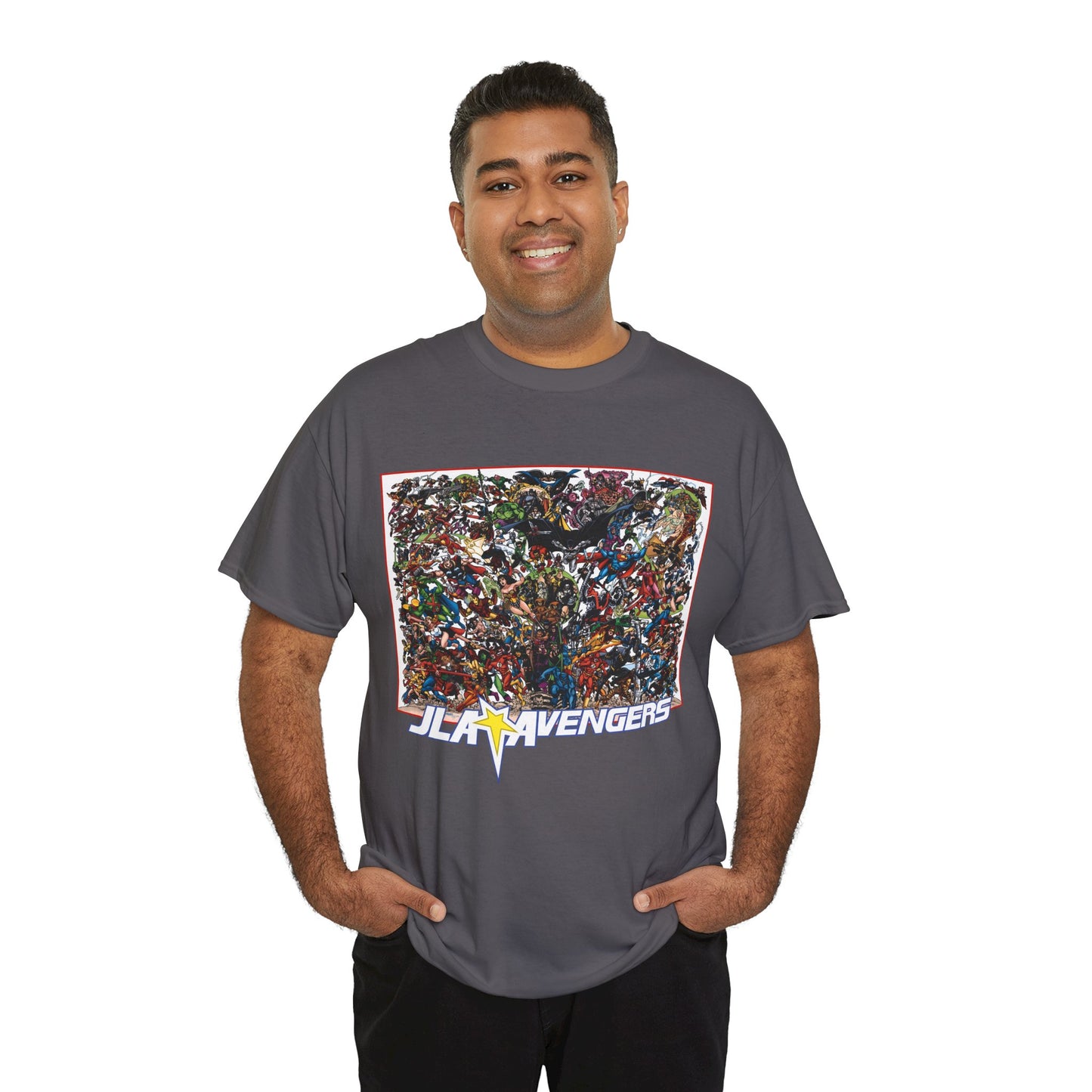 JLA Vs Avengers T-Shirt - Stunning, Classic George Perez Art - DC & Marvel 200s Crossover - Superman, Thor, Wonder Woman, Captain America, Flash, Black Panther, Iron Man, Batman
