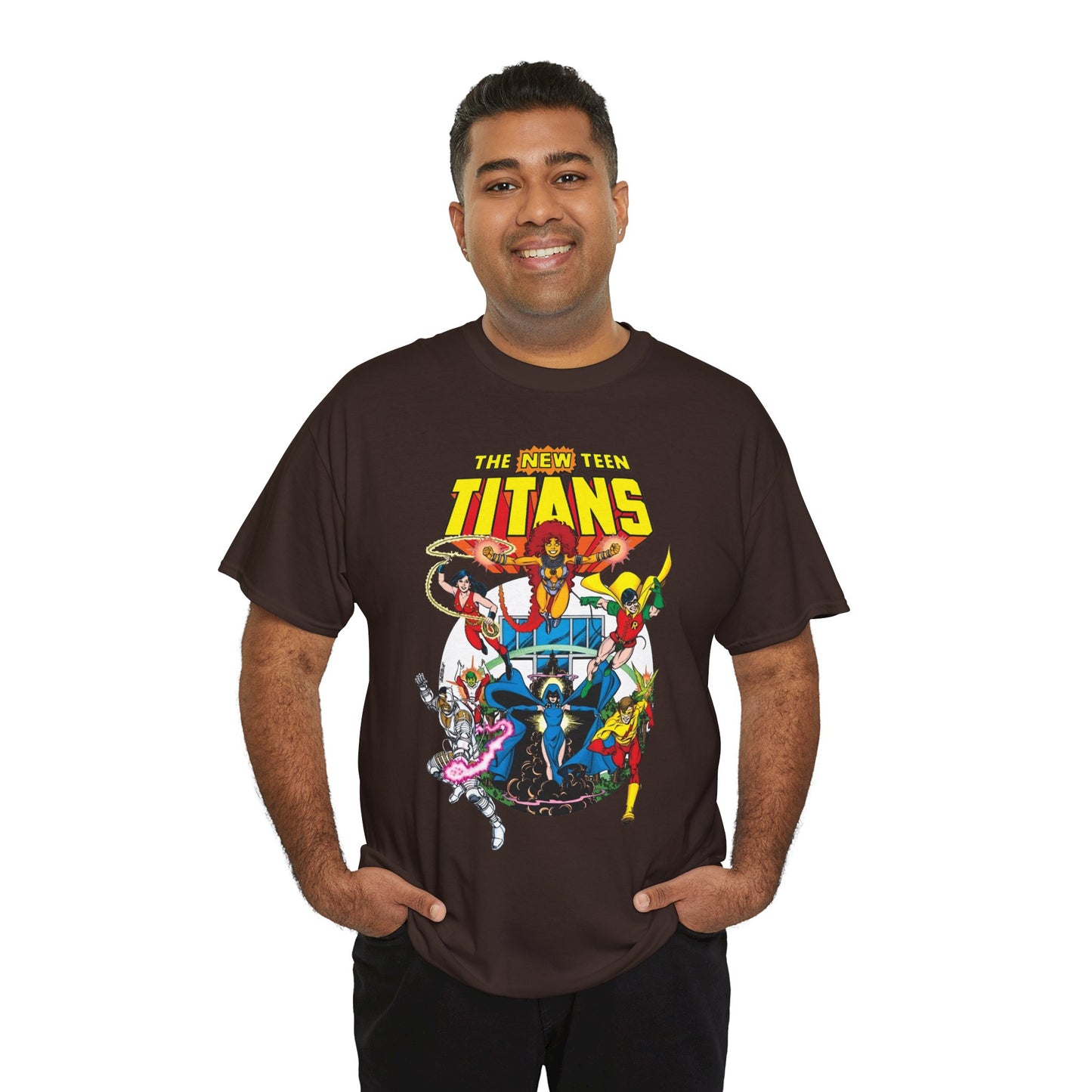 New Teen Titans T-Shirt - Classic George Perez Art - Cyborg, Raven, Starfire, Robin, Wonder Girl, Changeling, Kid Flash - Titans Tower - Popular DC Comics 1980s Series
