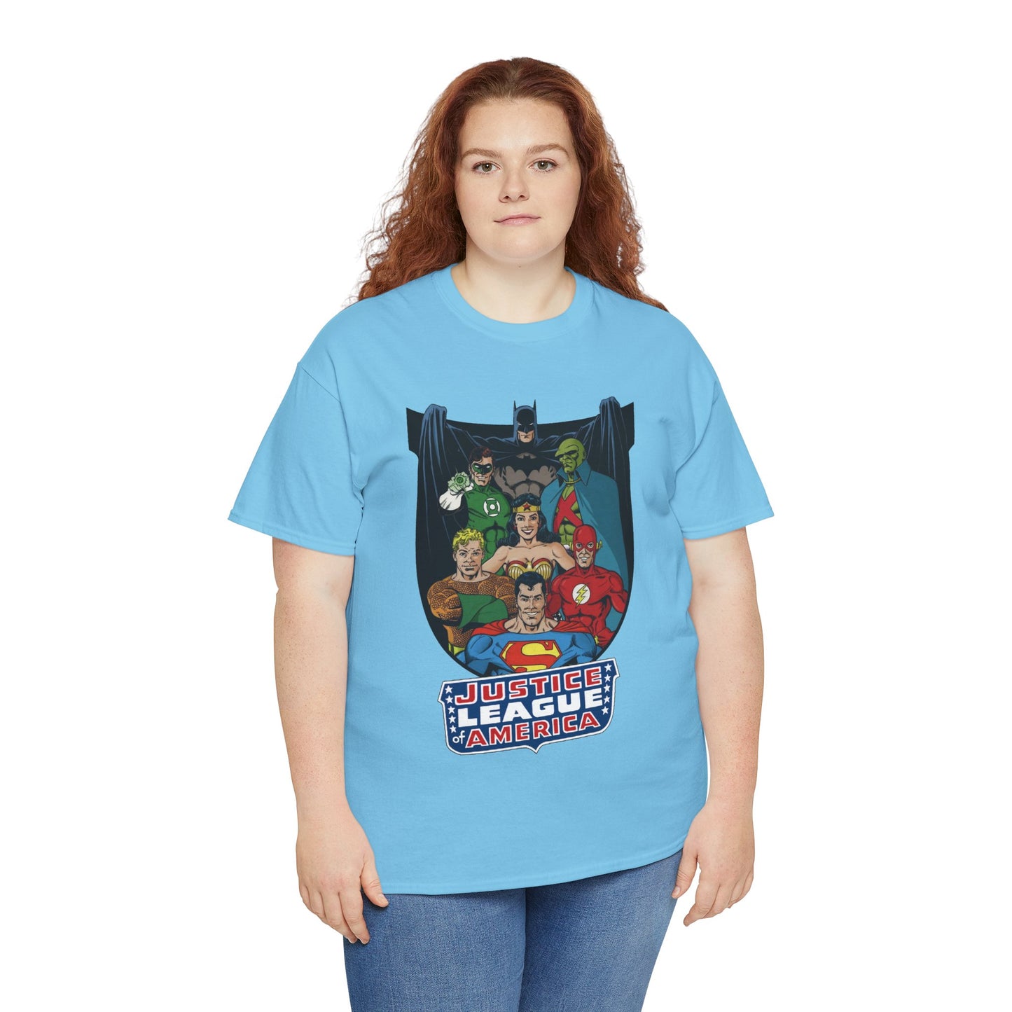 Justice League of America T-Shirt - George Perez Art - Superman, Wonder Woman, Batman, Aquaman, Martian Manhunter, Flash, Green Lantern - DC Comics