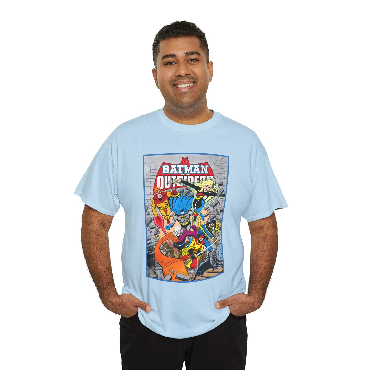 Batman & the Outsiders T-Shirt - Jim Aparo Art - Katana, Geo-Force, Black Lightning, Metamorpho, Halo - DC Comics - 1980s JLA Spin-Off Series