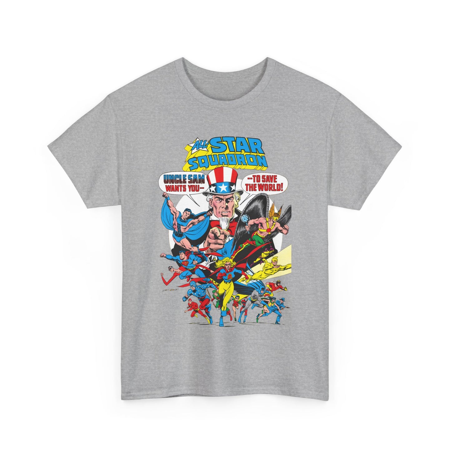 All-Star Squadron T-Shirt - Jerry Ordway Art - Uncle Sam, Hawkman, Superman, Liberty Belle, Black Condor, the Ray, Batman, Plastic Man - JSA Link - DC Comics
