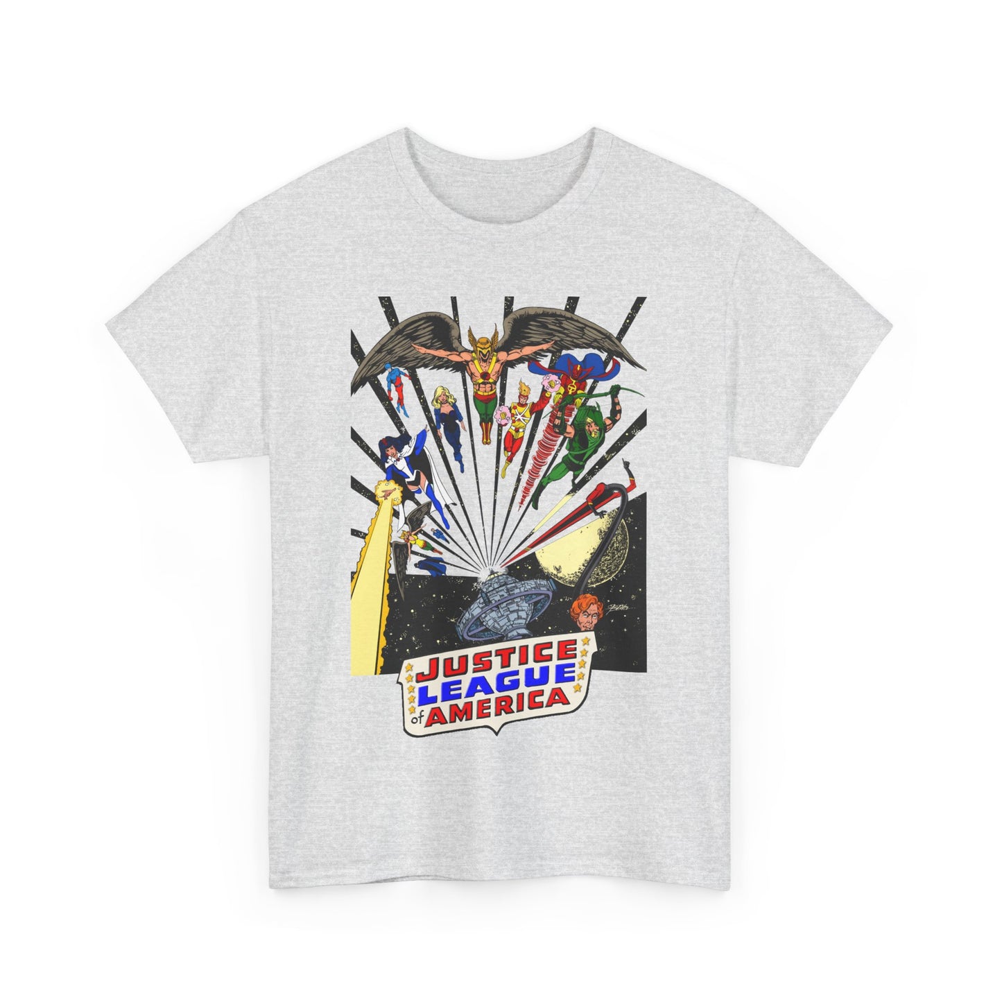 Justice League of America T-Shirt - George Perez Art - Bronze Age Satellite Era - DC Comics - Hawkman, Zatanna, Atom, Firestorm, Elongated Man, Green Arrow