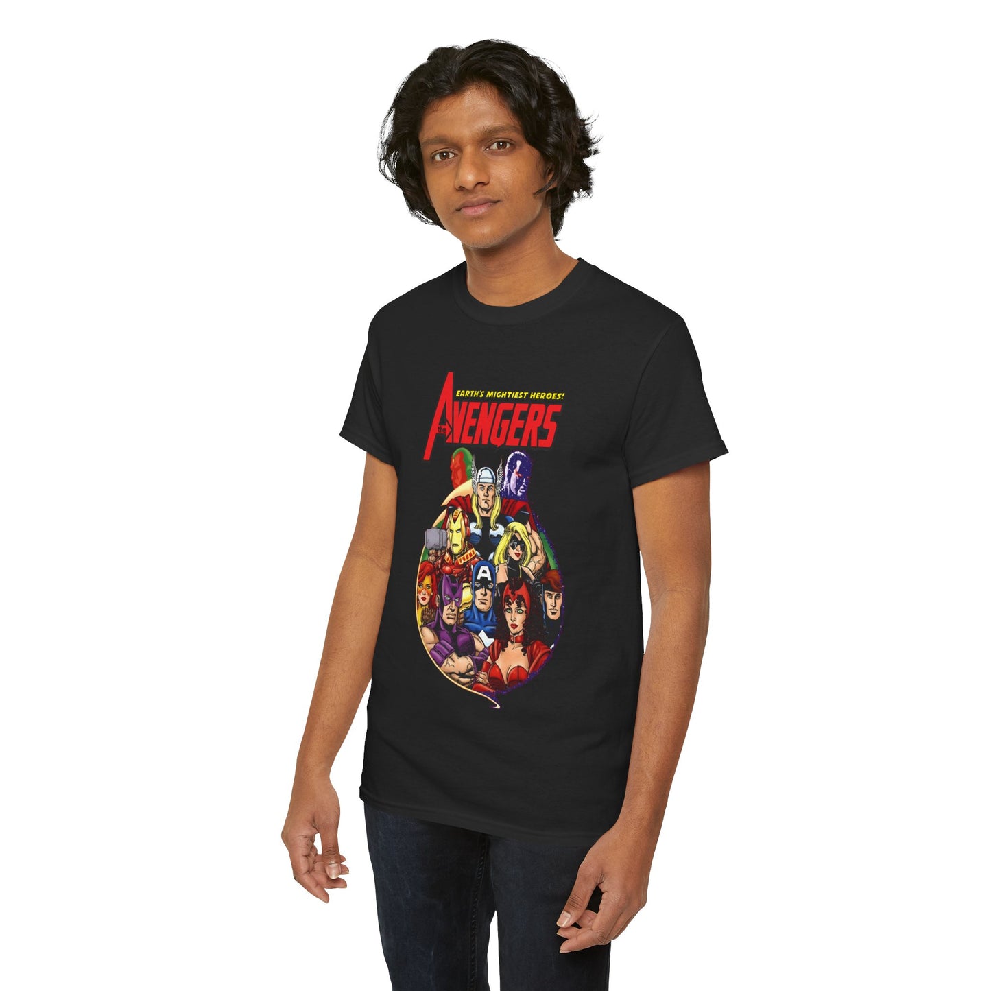 Avengers T-Shirt - George Perez Art - Captain America, Vision, Wonder Man, Iron Man, Thor, Hawkeye, Scarlet Witch - Popular Marvel Comics Characters
