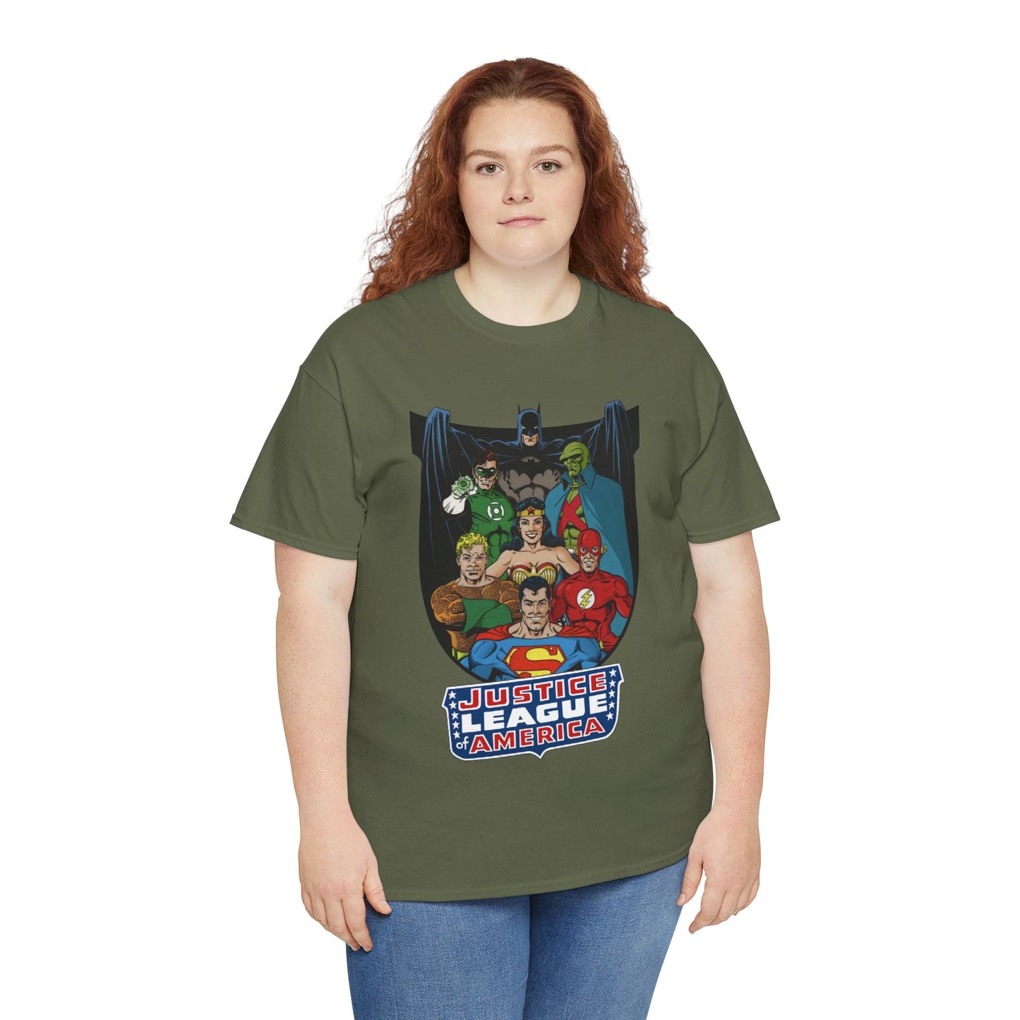 Justice League of America T-Shirt - George Perez Art - Superman, Wonder Woman, Batman, Aquaman, Martian Manhunter, Flash, Green Lantern - DC Comics
