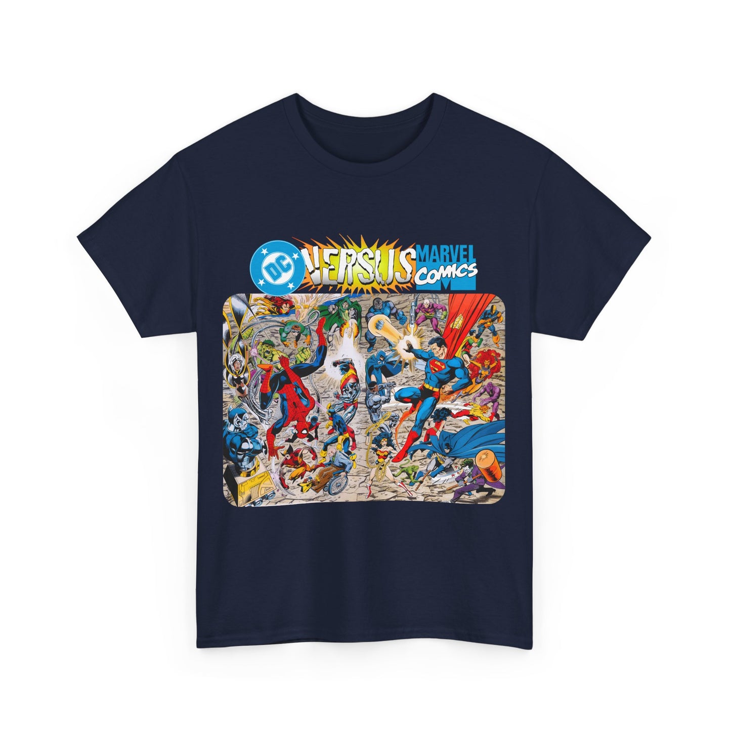DC Comics Vs Marvel T-Shirt - John Byrne Art - Spider-Man, Raven, Cyborg, Wolverine, Joker, Superman, Batman, Deathstroke, Darkseid