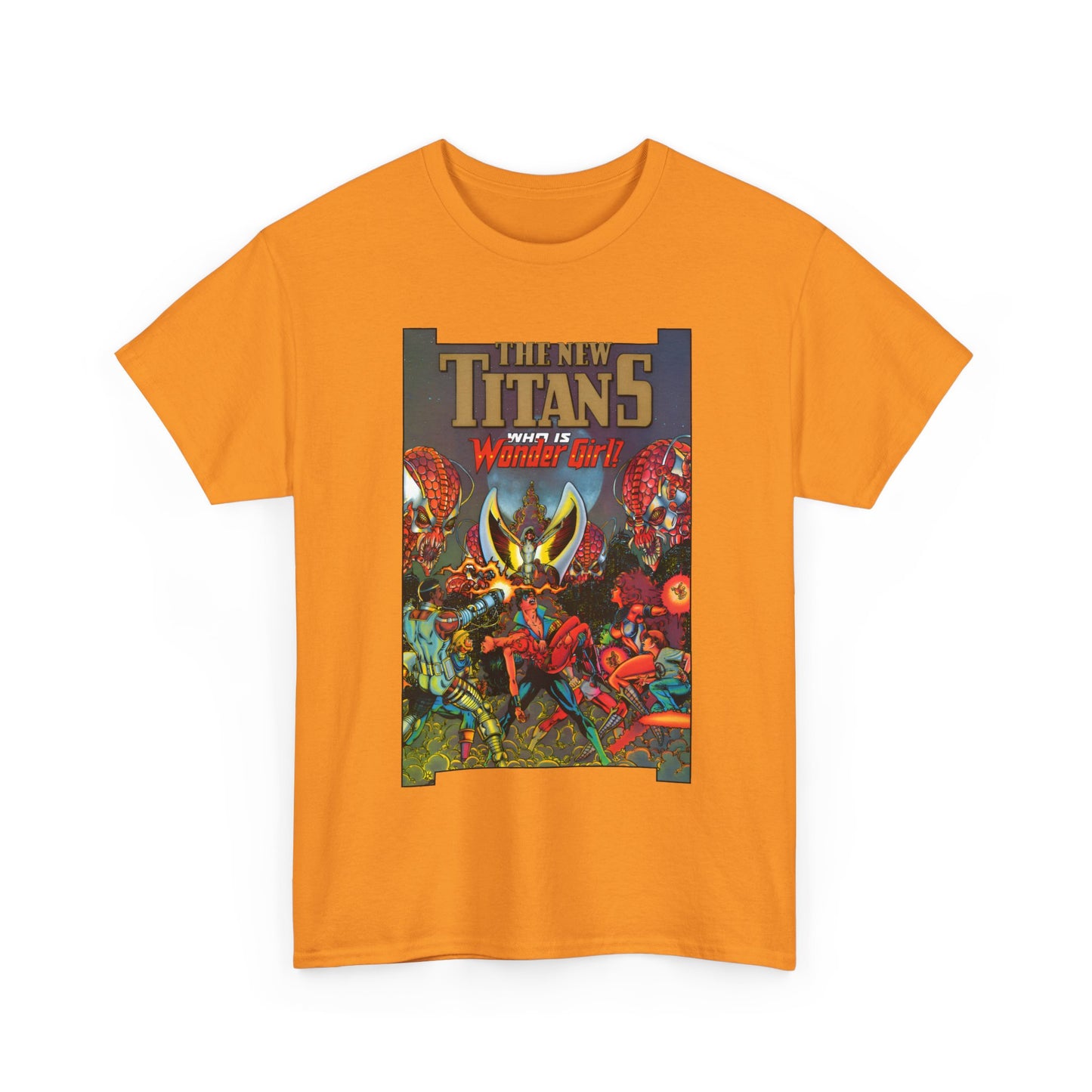 Orange t-shirt with 'The New Titans' graphic design on a white background