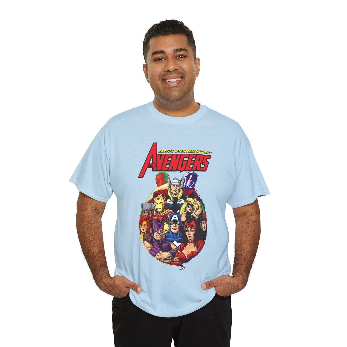 Avengers T-Shirt - George Perez Art - Captain America, Vision, Wonder Man, Iron Man, Thor, Hawkeye, Scarlet Witch - Popular Marvel Comics Characters