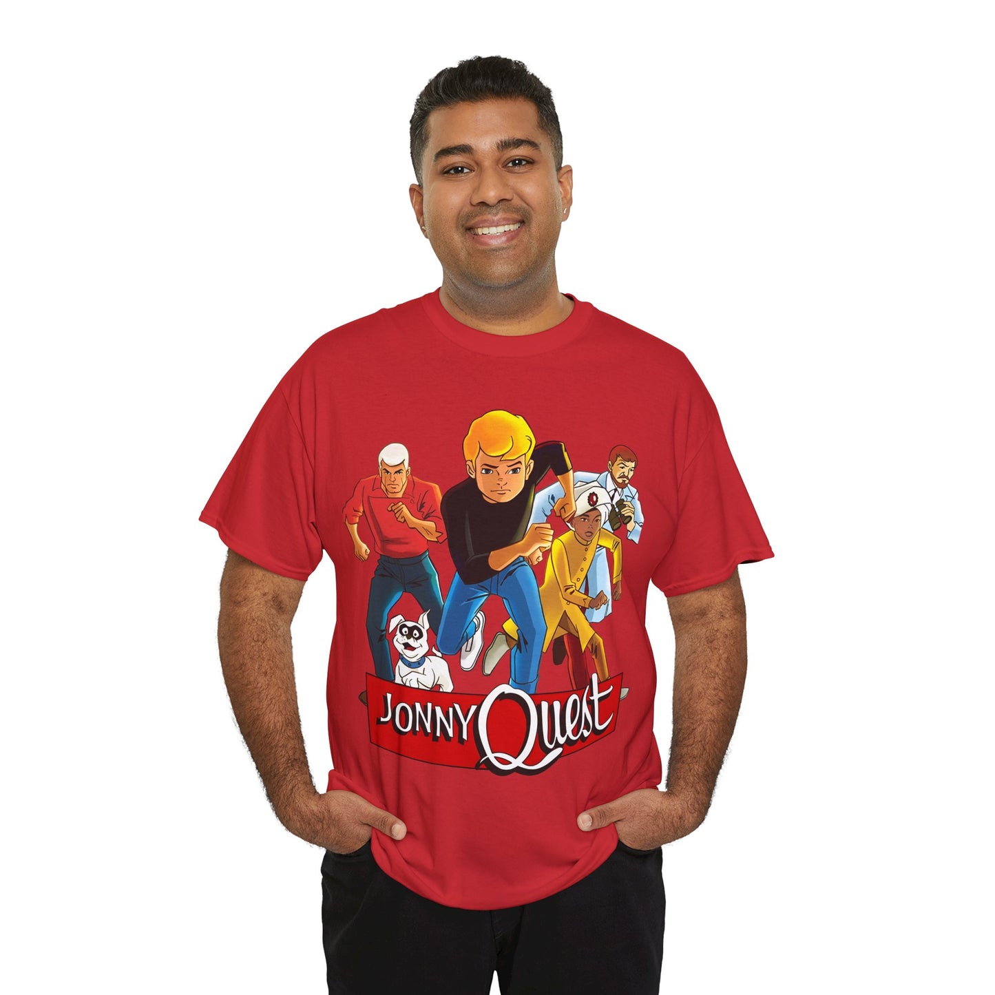 Jonny Quest T-Shirt - Popular Hanna-Barbera Cartoon Characters from the 1960s Adventure TV Show - Dr Benton, Hadji, Race Bannon, Bandit the Dog