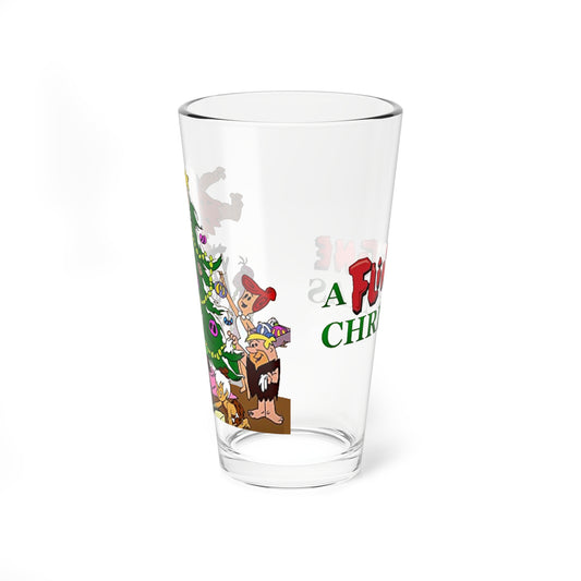 A Flintstones Christmas Pint Glass, 16oz - Fred, Wilma, Pebbles Flintstone & Barney, Betty, Bamm Bamm Rubble & Dino - Hanna-Barbera Holiday Cartoon