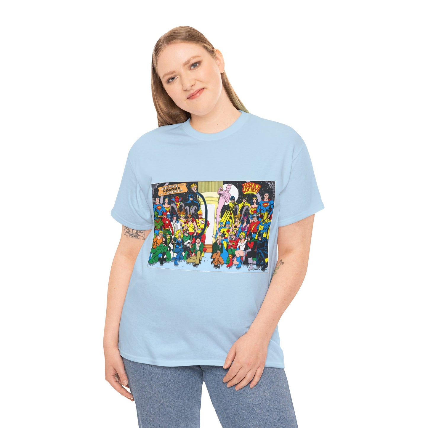 JLA & JSA T-Shirt - George Perez Art - Justice League, Society Team-up - Batman, Wildcat, Dr Fate, Hourman, Firestorm, Superman