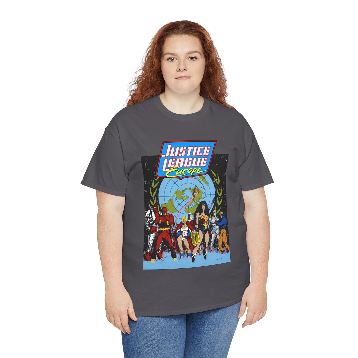 Justice League Europe T-Shirt - Bart Sears Art - Wonder Woman, Flash, Captain Atom, Animal Man, Elongated Man, Power Girl, Metamorpho - JLI Spin-Off - DC Comics