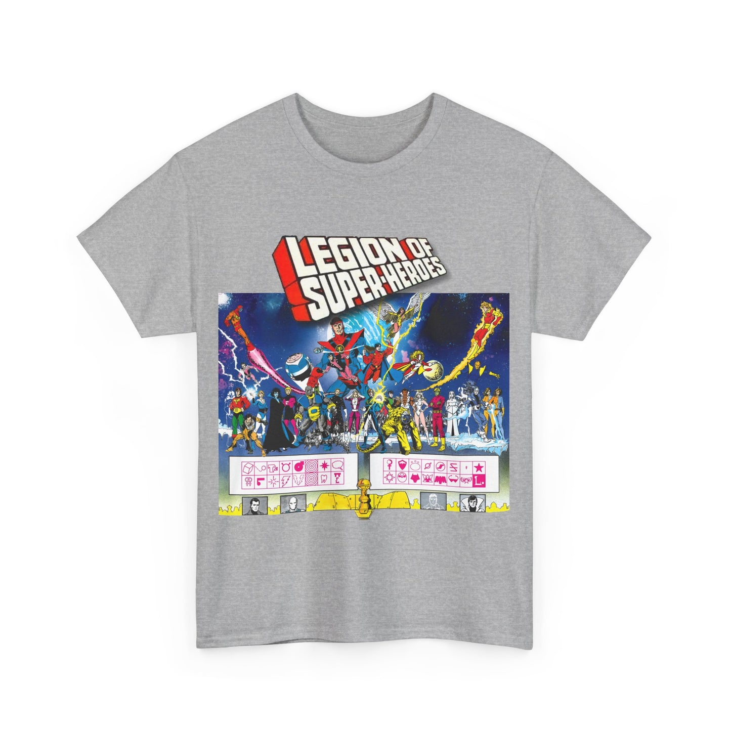 Legion of Super-Heroes T-Shirt - Gorgeous George Perez Art - History of the DC Universe - Lightning Lad, Timber Wolf, Wildfire, Sun Boy, Chamelon Boy - DC Comics