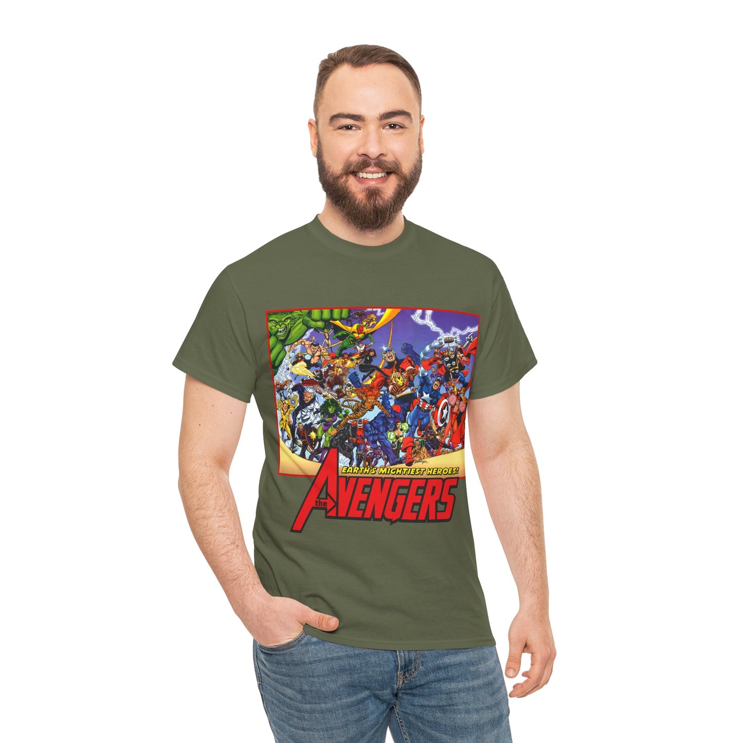 Avengers T-Shirt - George Perez Art - Marvel Comics - Captain America, Iron Man, Thor, She-Hulk, Hawkeye, Vision, Quicksilver - Classic Cover