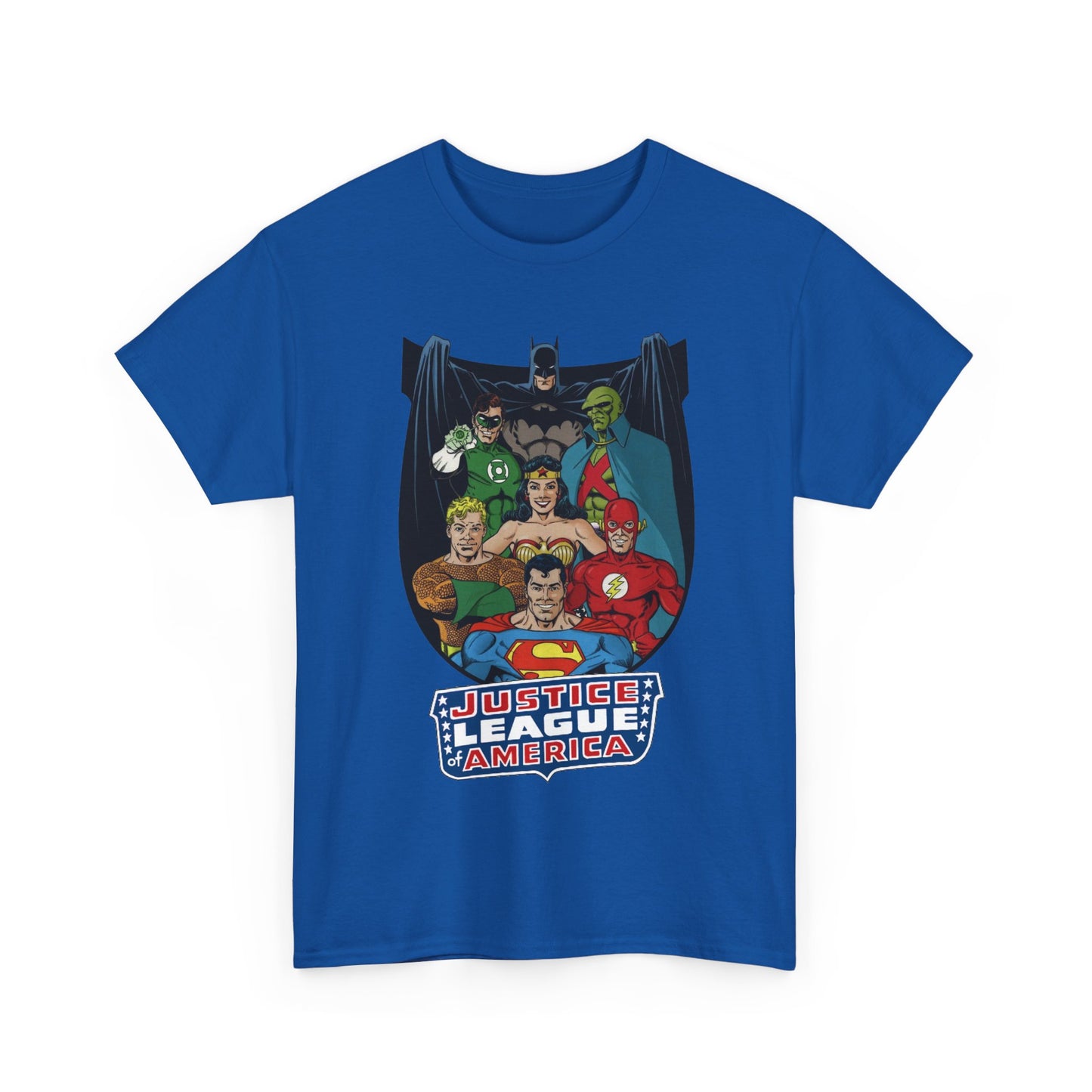 Justice League of America T-Shirt - George Perez Art - Superman, Wonder Woman, Batman, Aquaman, Martian Manhunter, Flash, Green Lantern - DC Comics