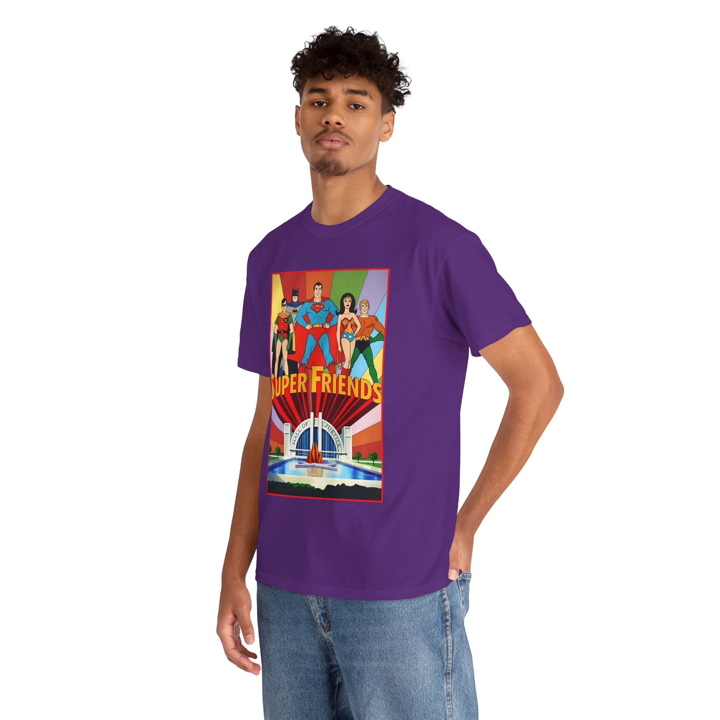 Super Friends T-Shirt - Batman, Superman, Wonder Woman, Robin - Hanna-Barbera Cartoon - DC Comics - Hall of Justice