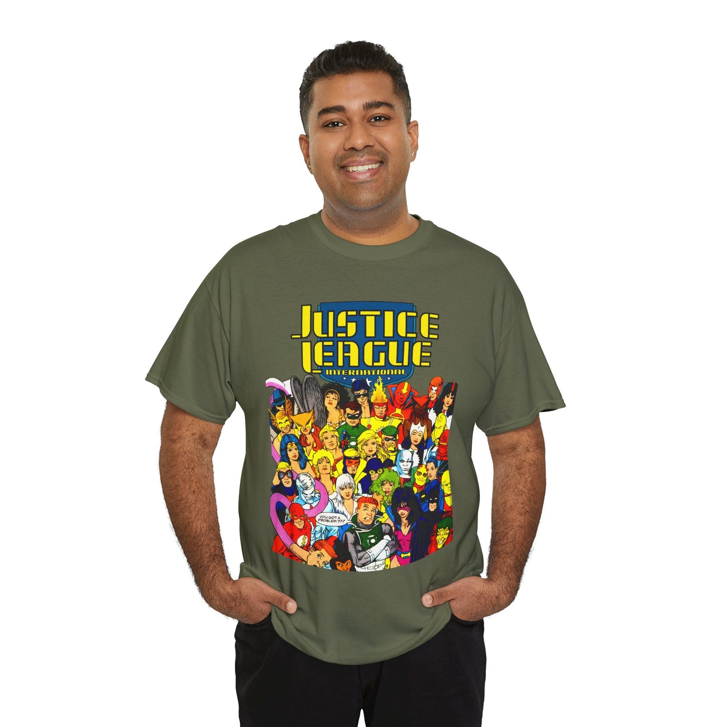 Justice League International T-Shirt - Kevin Maguire DC Comics Sourcebook Art - Booster Gold, Blue Beetle, Batman, Martian Manhunter, Captain Atom, Fire, Ice, Guy Gardner
