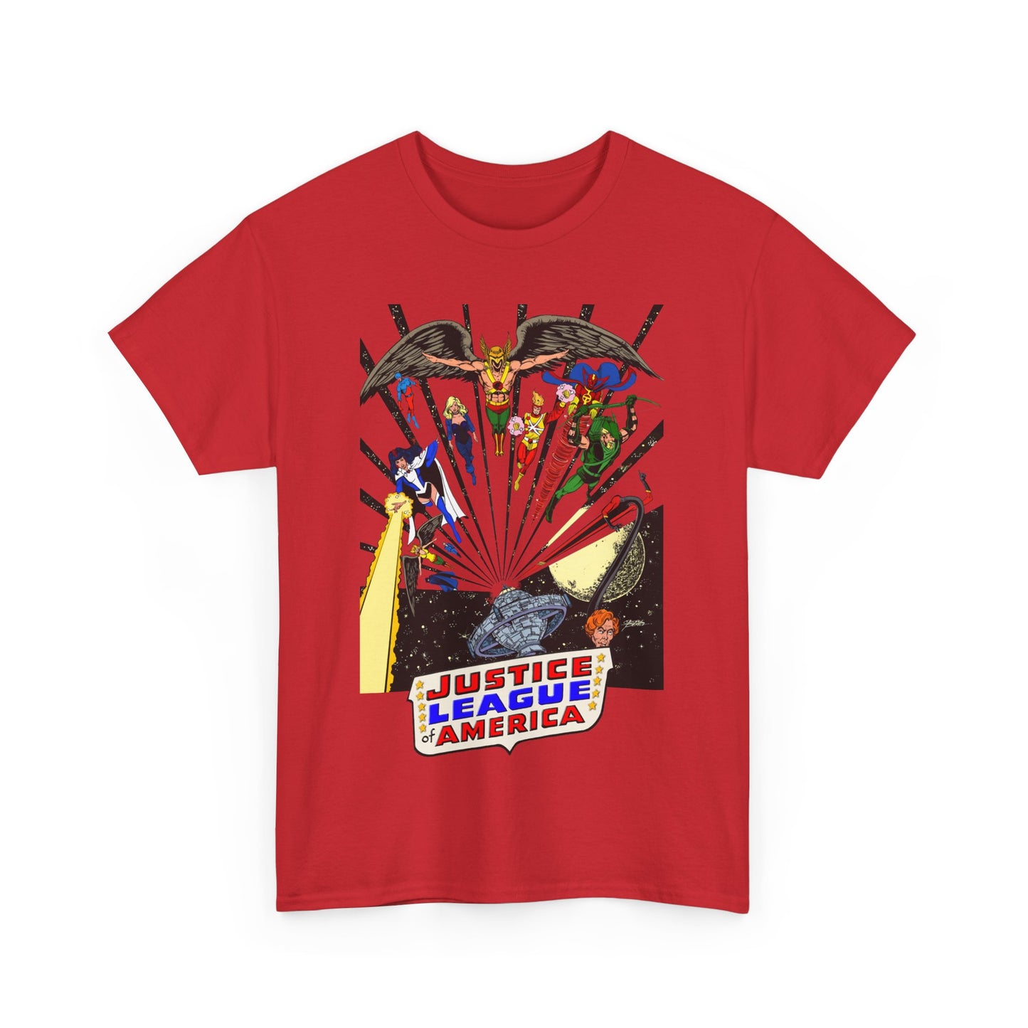 Justice League of America T-Shirt - George Perez Art - Bronze Age Satellite Era - DC Comics - Hawkman, Zatanna, Atom, Firestorm, Elongated Man, Green Arrow