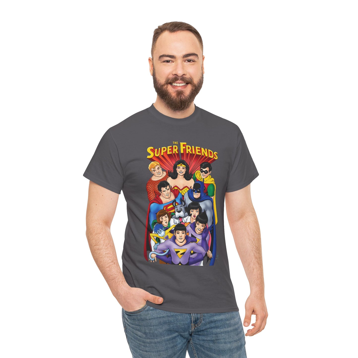 Super Friends T-Shirt - Kevin Maguire Art - Wonder Twins, Gleek, Superman, Wonder Woman Batman - DC Comics - Based on 1970s Hanna-Barbera Cartoon