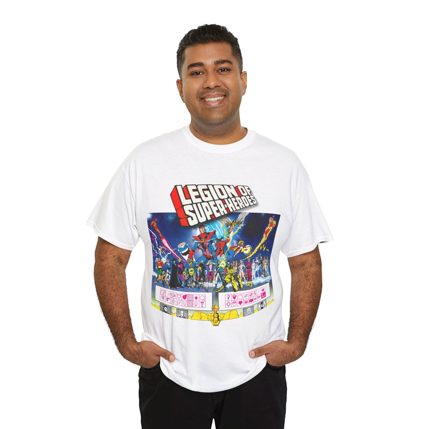 Legion of Super-Heroes T-Shirt - Gorgeous George Perez Art - History of the DC Universe - Lightning Lad, Timber Wolf, Wildfire, Sun Boy, Chamelon Boy - DC Comics