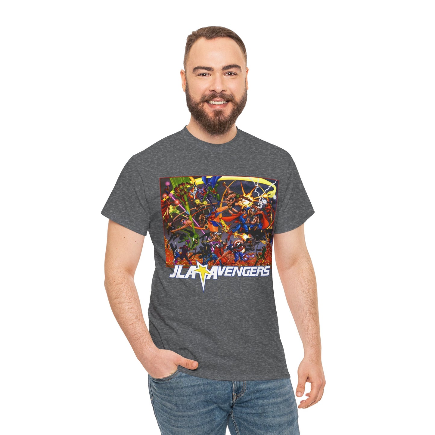 Avengers Vs JLA T-Shirt - Stunning George Perez Art - Marvel & DC Comics Crossover - Thor, Superman, Wonder Woman, Hercules, Iron Man, Batman, Black Canary, Scarlet Witch, Wonder Man, Martian Manhunter