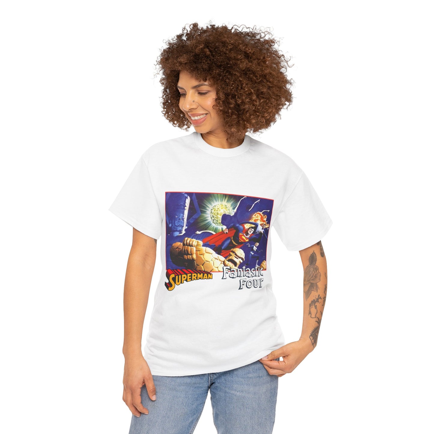 Superman & Fantastic Four T-Shirt - Marvel, DC Comics - Alex Ross, Dan Jurgens - 1990s Crossover Vs Galactus