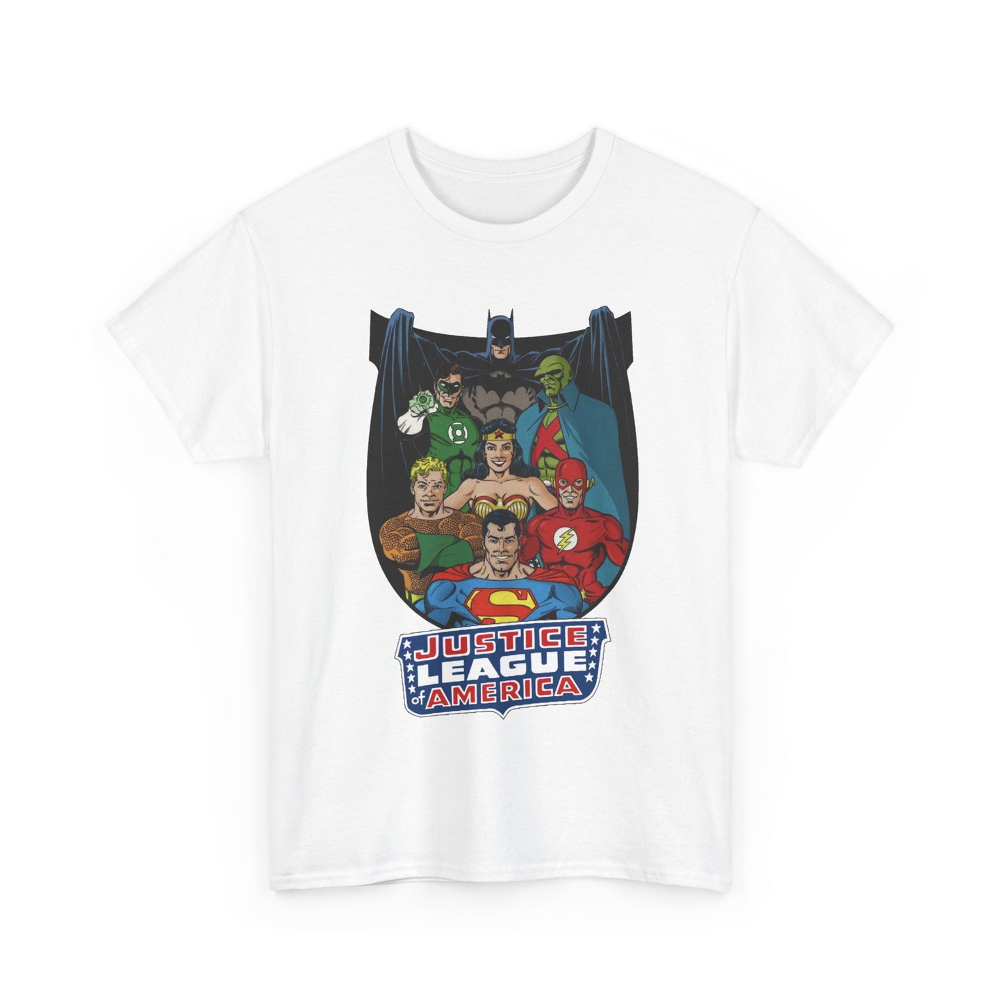Justice League of America T-Shirt - George Perez Art - Superman, Wonder Woman, Batman, Aquaman, Martian Manhunter, Flash, Green Lantern - DC Comics