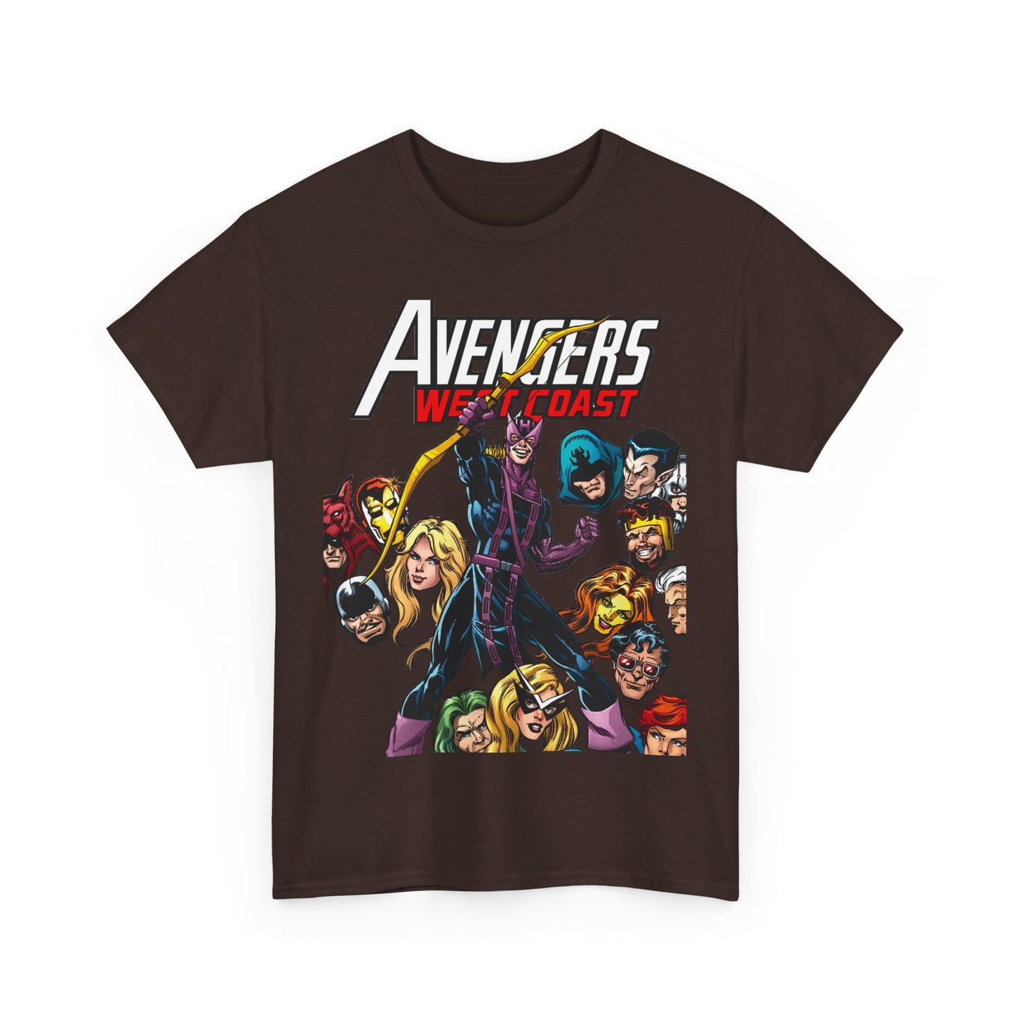 Avengers West Coast T-Shirt - Bob Hall Art - Hawkeye, Iron Man, Wonder Man, Tigra, Mockingbird - Marvel Comics Team