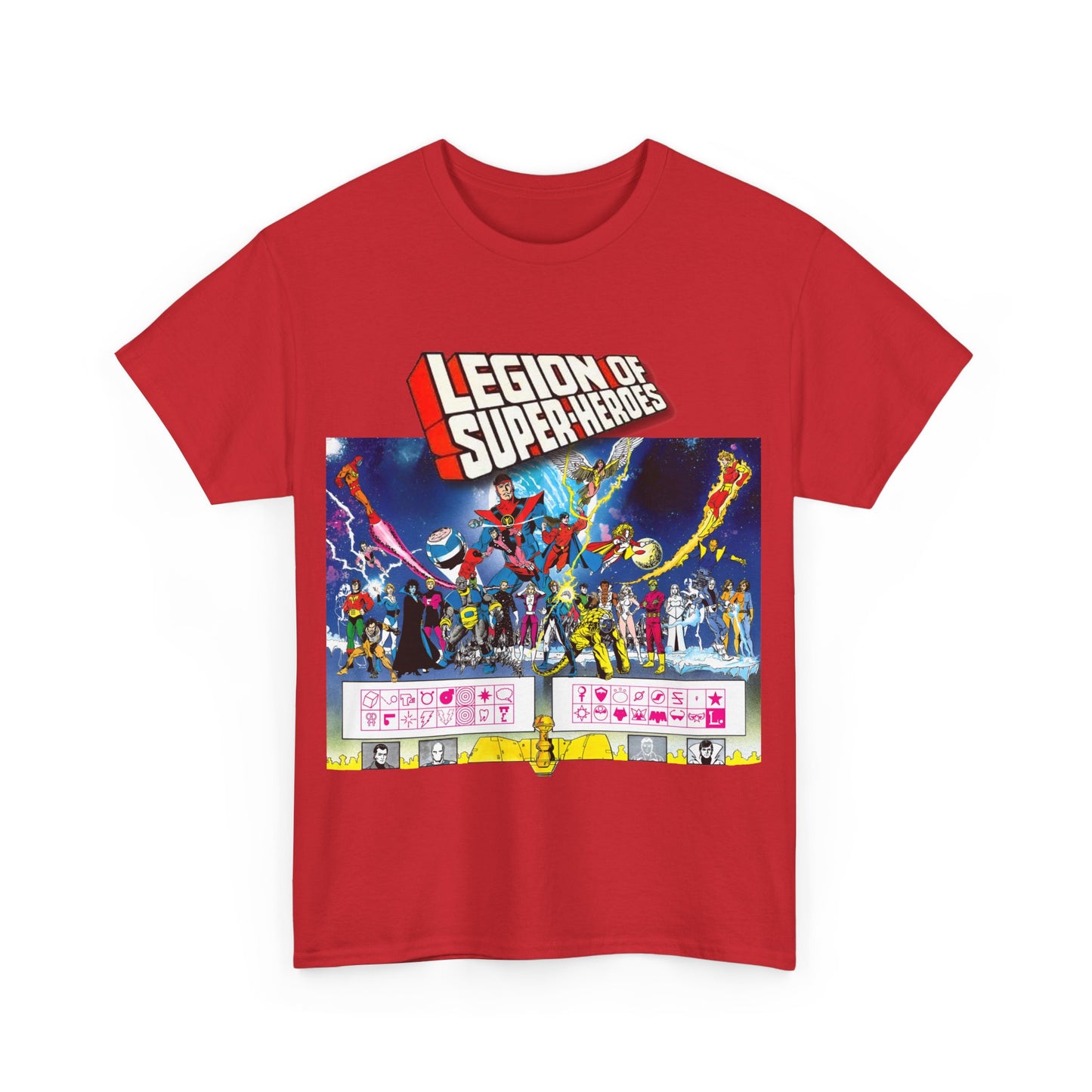 Legion of Super-Heroes T-Shirt - Gorgeous George Perez Art - History of the DC Universe - Lightning Lad, Timber Wolf, Wildfire, Sun Boy, Chamelon Boy - DC Comics