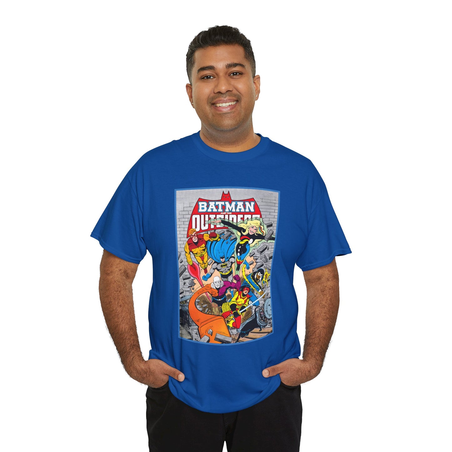 Batman & the Outsiders T-Shirt - Jim Aparo Art - Katana, Geo-Force, Black Lightning, Metamorpho, Halo - DC Comics - 1980s JLA Spin-Off Series