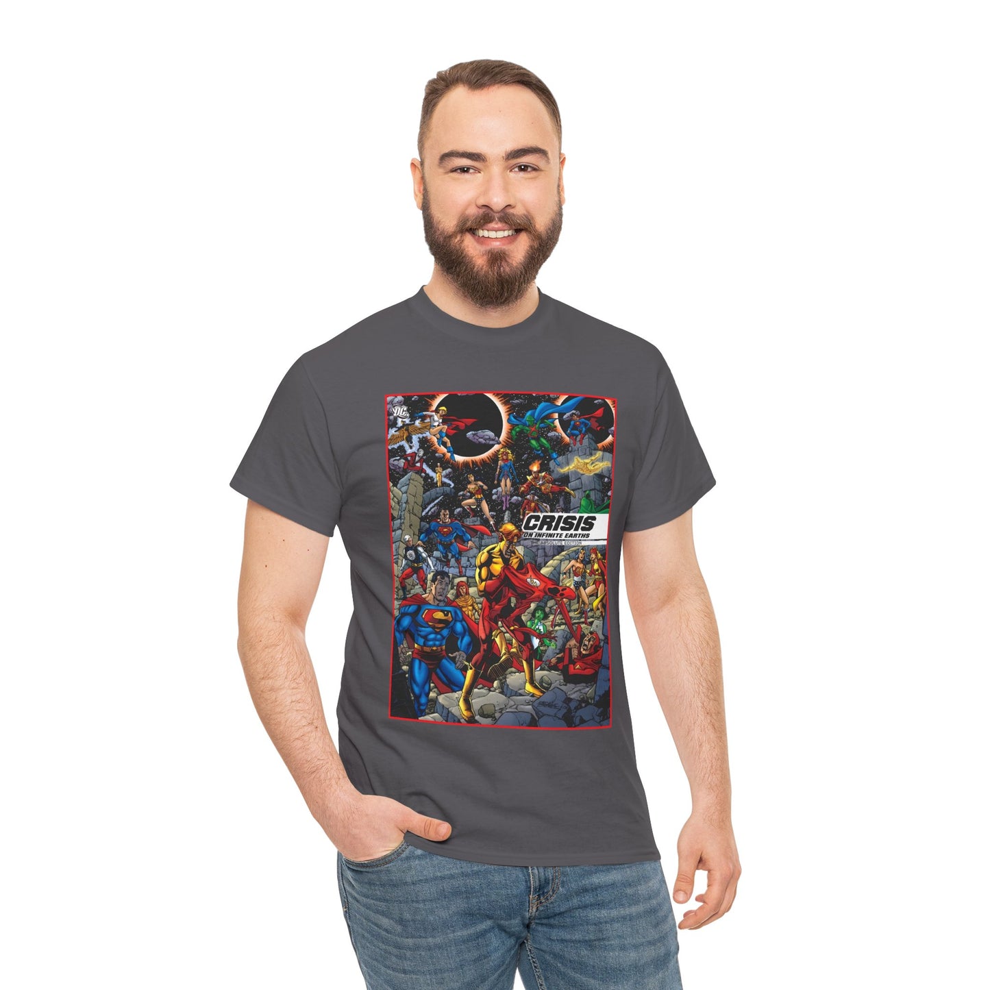 Crisis on Infinite Earths T-Shirt - George Perez Art - Absolute Edition Cover - Flash, Supergirl, Wonder Woman, Kid Flash, Psycho Pirate, Harbinger - DC Comics