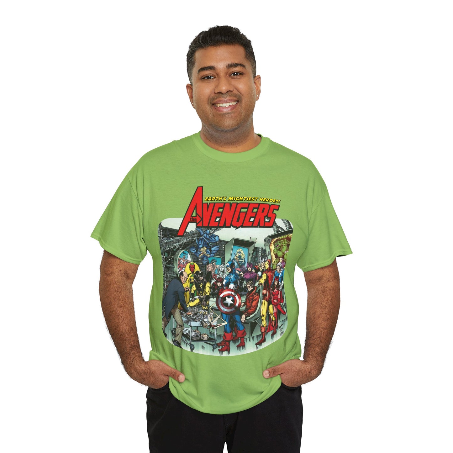 Classic Avengers T-Shirt - George Perez Art - Captain America, Hawkeye, Iron Man, Vision, Scarlet Witch, Quicksilver, Jarvis - Marvel Comics