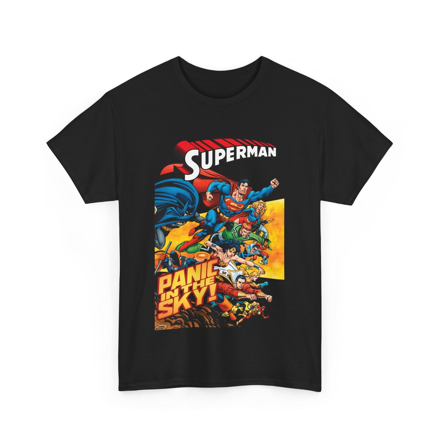 Superman - Panic in the Sky T-Shirt - Dan Jurgens Art - Vs Brainiac & Maxima - Wonder Woman, Booster Gold, Shazam, Batman, Flash, Aquaman, Supergirl - DC Comics