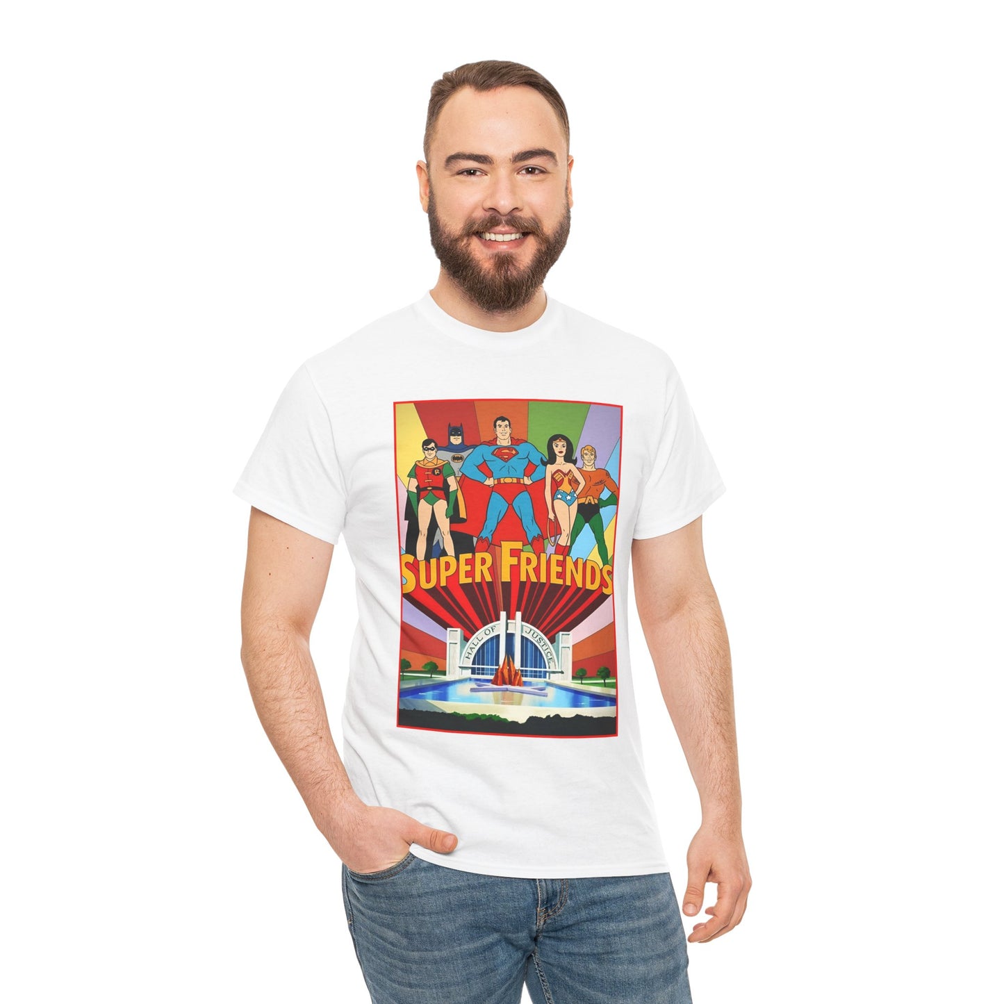 Super Friends T-Shirt - Batman, Superman, Wonder Woman, Robin - Hanna-Barbera Cartoon - DC Comics - Hall of Justice