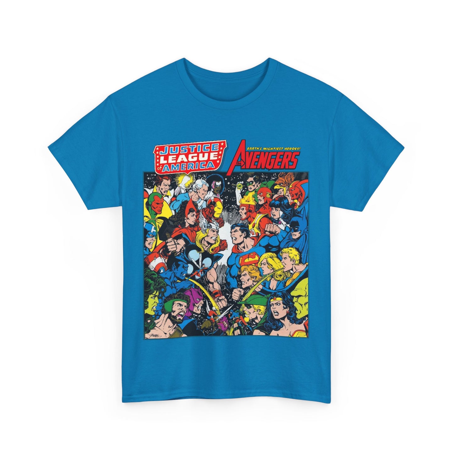 Justice League/Avengers T-Shirt - DC & Marvel Comics Art - George Perez - JLA - Batman, Captain America, Iron Man, Green Lantern