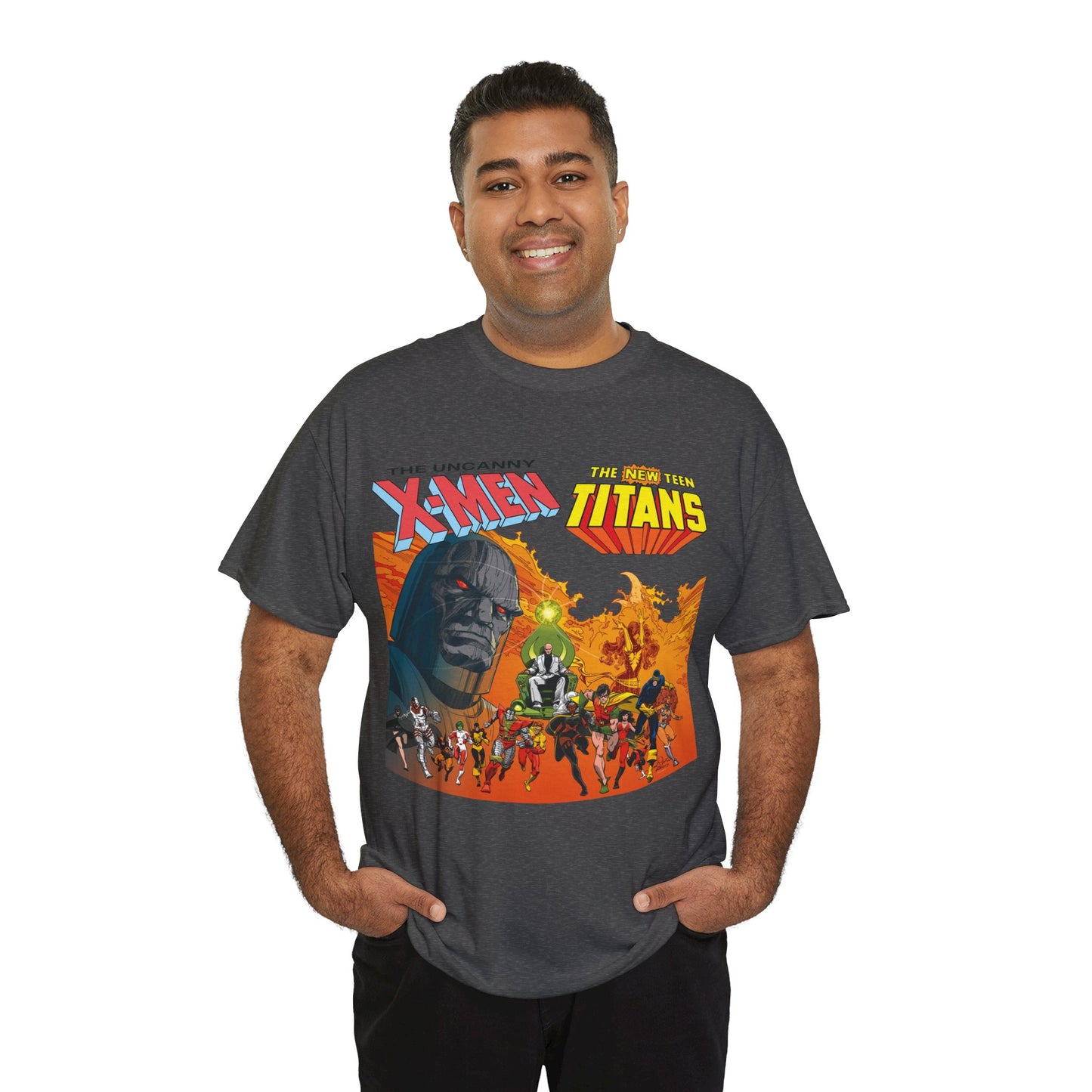 X-Men & New Teen Titans T-Shirt - Walt Simonson Art - Marvel & DC Comics Crossover - Wolverine, Raven, Storm, Cyclops, Robin, Cyborg, Colossus, Dark Phoenix, Darkseid
