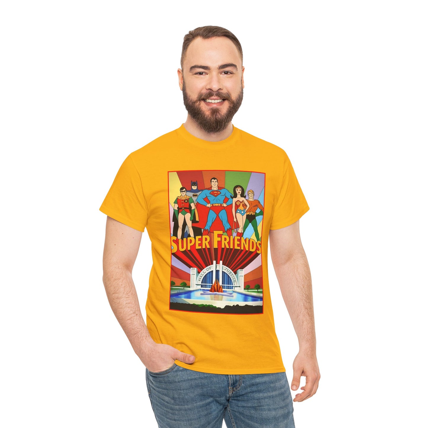 Super Friends T-Shirt - Batman, Superman, Wonder Woman, Robin - Hanna-Barbera Cartoon - DC Comics - Hall of Justice