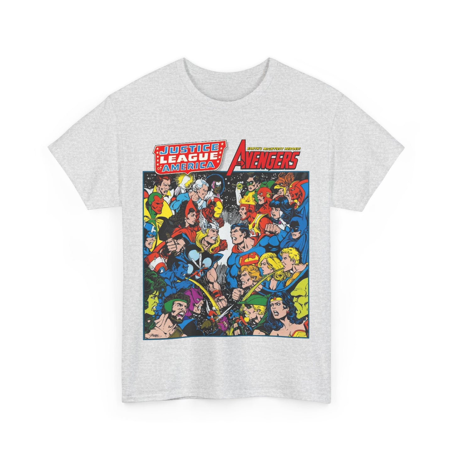 Justice League/Avengers T-Shirt - DC & Marvel Comics Art - George Perez - JLA - Batman, Captain America, Iron Man, Green Lantern