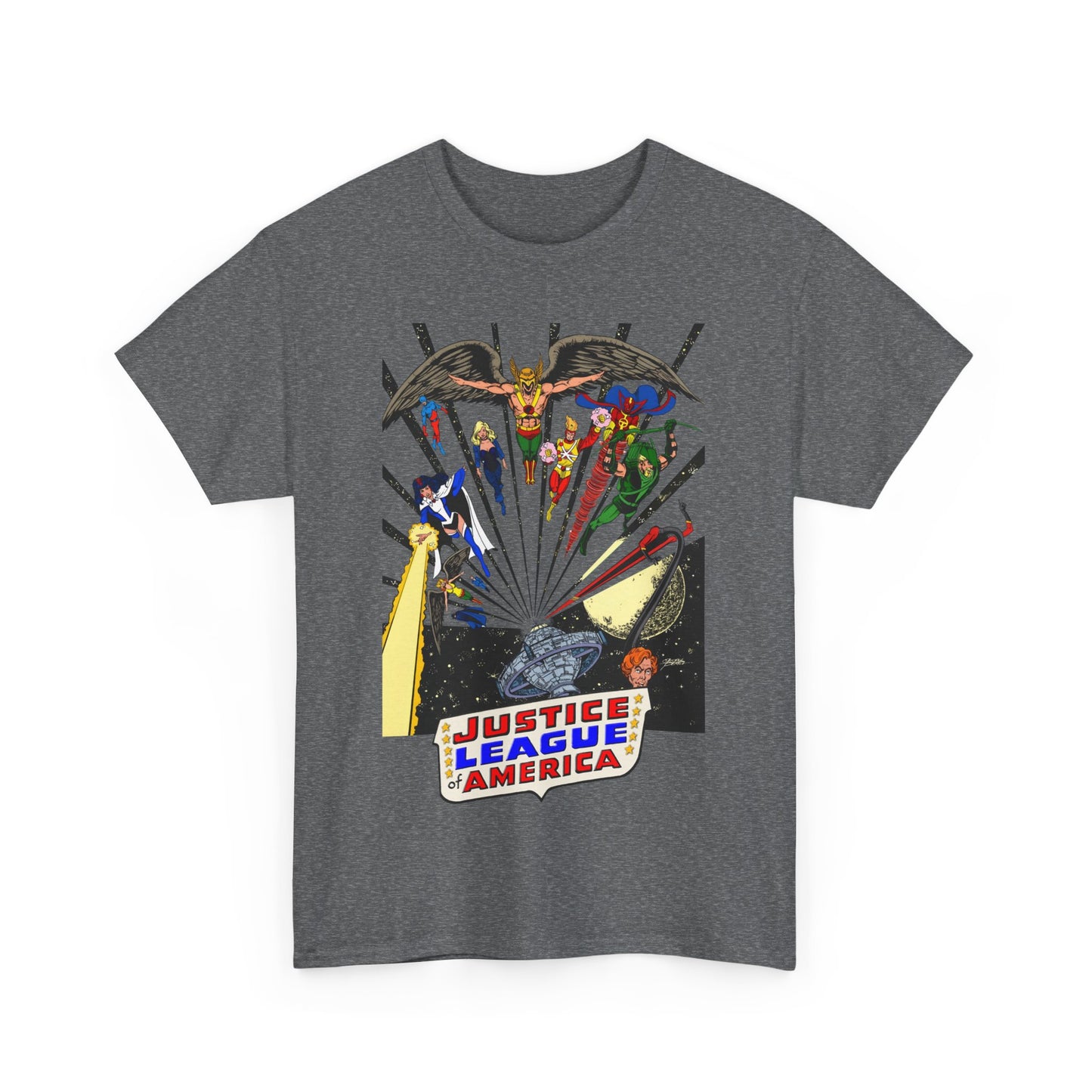 Justice League of America T-Shirt - George Perez Art - Bronze Age Satellite Era - DC Comics - Hawkman, Zatanna, Atom, Firestorm, Elongated Man, Green Arrow