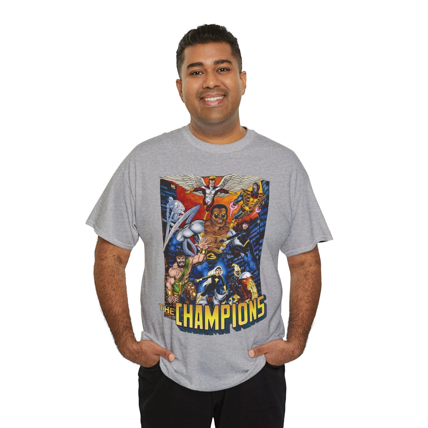 Champions T-Shirt - John Byrne Art - Hercules, Black Widow, Ghost Rider, Black Goliath, Silver Surfer, Jack of Hearts - Marvel Comics 1970s Series