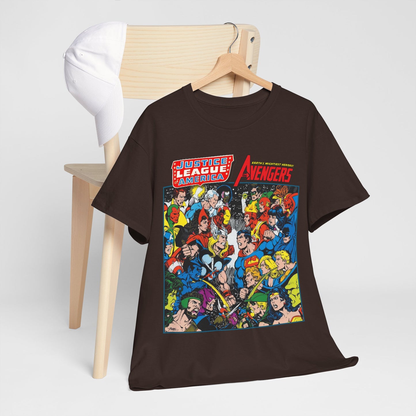 Justice League/Avengers T-Shirt - DC & Marvel Comics Art - George Perez - JLA - Batman, Captain America, Iron Man, Green Lantern