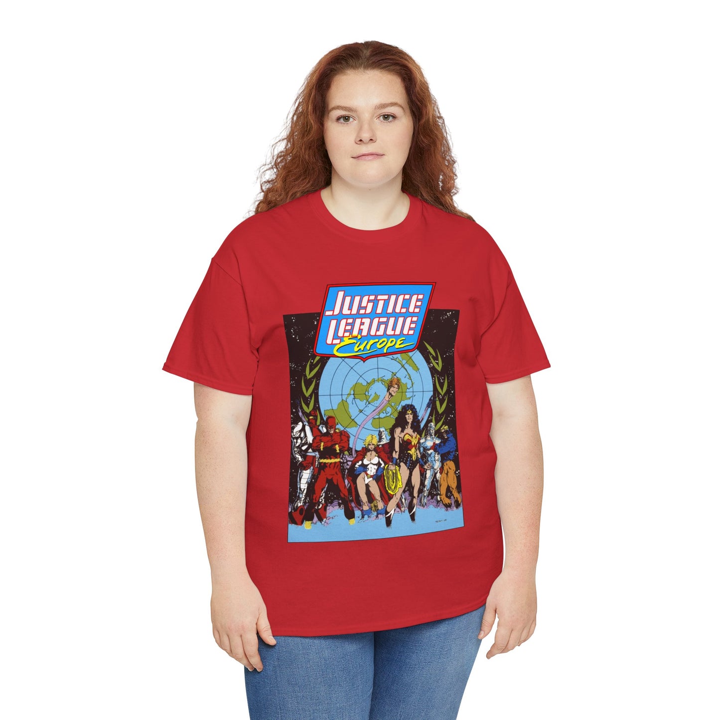 Justice League Europe T-Shirt - Bart Sears Art - Wonder Woman, Flash, Captain Atom, Animal Man, Elongated Man, Power Girl, Metamorpho - JLI Spin-Off - DC Comics