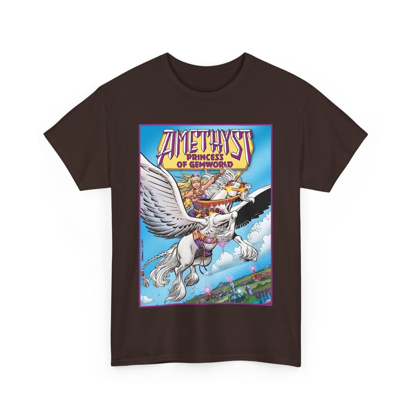 Amethyst Princess of Gemworld T-Shirt - George Perez Art - DC Comics 1980s Series - Riding a Unicorn