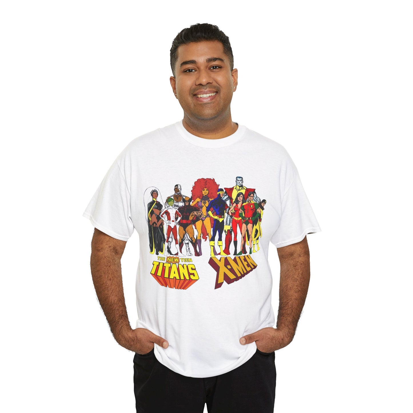 Uncanny X-Men & New Teen Titans T-Shirt - Wolverine, Cyclops, Storm, Wonder Girl, Robin, Cyborg, Raven - Phil Jimenez Art - DC Comics/Marvel Comics Crossover