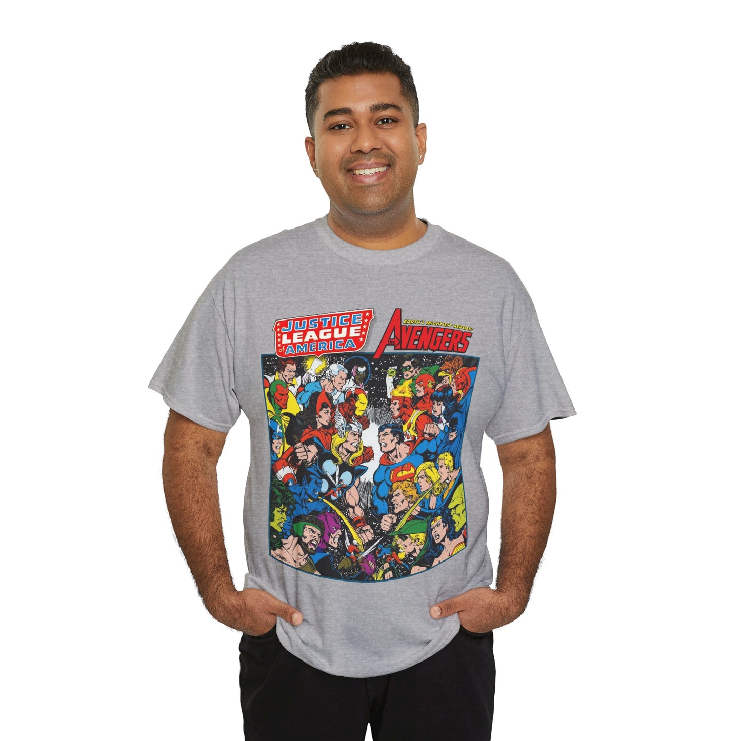 Justice League/Avengers T-Shirt - DC & Marvel Comics Art - George Perez - JLA - Batman, Captain America, Iron Man, Green Lantern