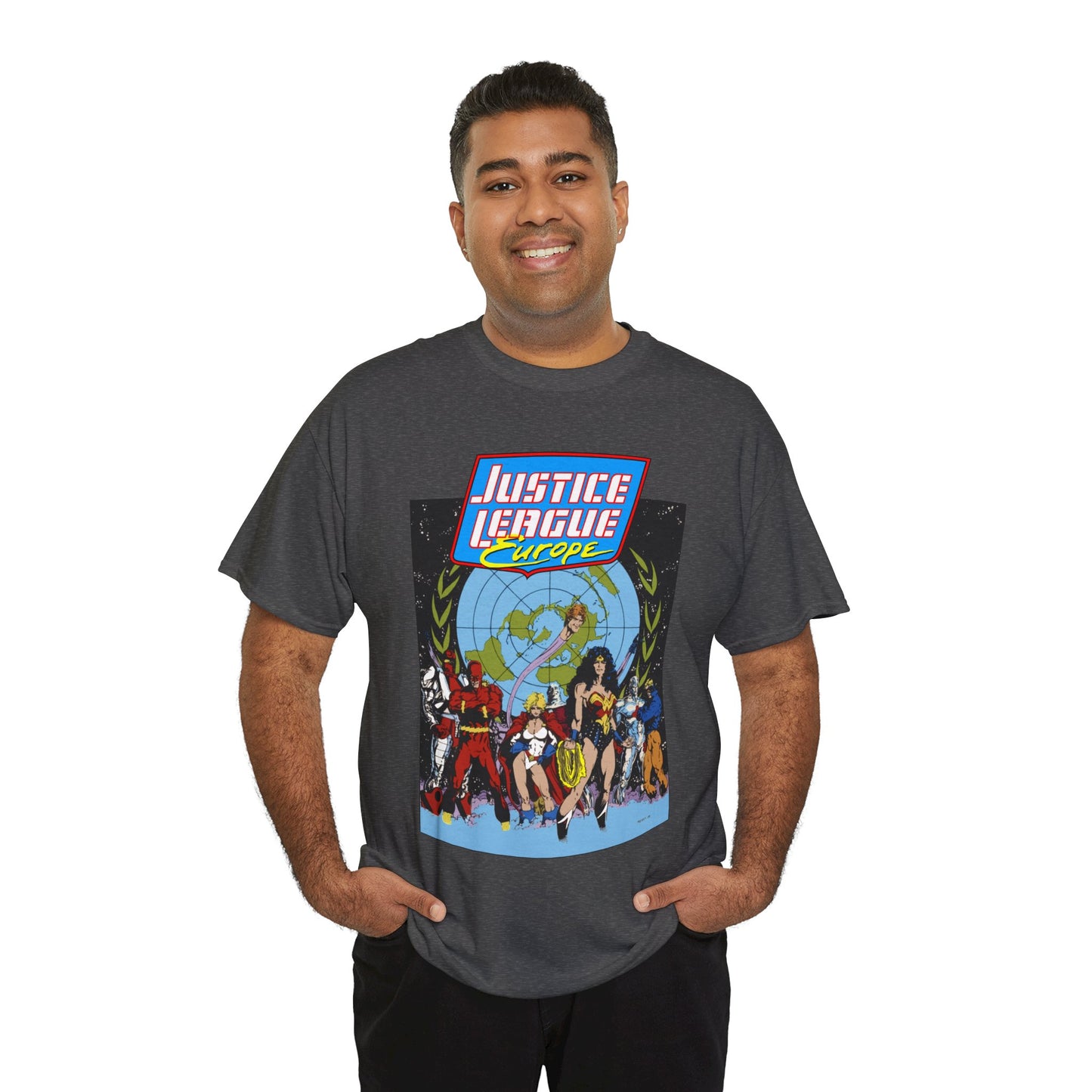 Justice League Europe T-Shirt - Bart Sears Art - Wonder Woman, Flash, Captain Atom, Animal Man, Elongated Man, Power Girl, Metamorpho - JLI Spin-Off - DC Comics