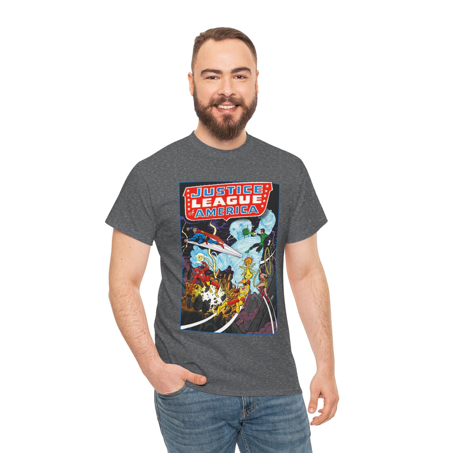 Justice League T-Shirt - George Perez Art - Tornado Tyrant - Superman, Firestorm, Flash, Wonder Woman, Green Lantern - DC Comics